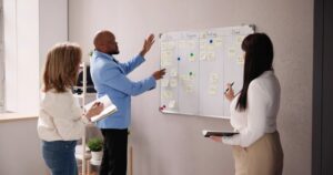 ejecutivos trabajando en un board de kanban